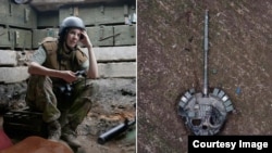 Колаж на Ирина Рибакова с най-известната ѝ снимка на купол от унищожен руски танк, наподобяващ череп.