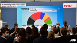 Резултатите от екзитполовете са показани на екран пред журналисти на 26 септември 2021 г. 