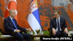 Redžep Taip Erdogan i Aleksandar Vučić, predsednici Turske i Srbije, tokom za javnost otvorenog dela razgovora u Beogradu 7. septembra 2022.
