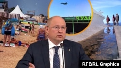 Колаж. Російський глава Севастополя Михайло Развожаєв на тлі муніципального пляжу, військового літака і стічної канави на пляжі в Севастополі