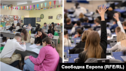 Колаж. Вляво ученици от Челопеч работят по задача в час по гражданско образование. Вдясно ученици от Русе са на посещение в Европейския парламент.