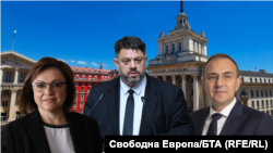 Колаж на бившата лидерка на БСП Корнелия Нинова, настоящия временен председател Атанас Зафиров и председателя на парламентарната група на социалистите Борислав Гуцанов на фона на Народното събрание