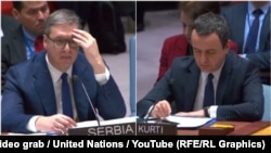 Predsednik Srbije Aleksandar Vučić i premijer Kosova Aljbin Kurti na sednici Saveta bezbednosti UN o Kosovu, 8. februara 2024. 