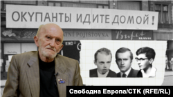 Колаж на Александър Димитров на фона на кадър от събитията по време на Пражката пролет през 1968 г. Вдясно са снимките на тримата студенти от същата година - Едуард, Александър и Валентин.