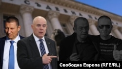 Колаж с Борислав Сарафов, Иван Гешев, Петьо Петров - Еврото и Мартин Божанов - Нотариуса (отляво надясно) на фона на Съдебната палата в София.