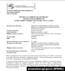 Na portalu Agencije za privredne registre, u odeljku finansijski izveštaji, uz unos matičnog broja firme, dostupna je izjava o prethodnoj neaktivnosti kompanije Conex doo.