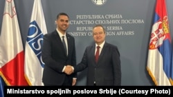 Претседавачот на ОБСЕ и министер за надворешни и европски работи и трговија на Малта Јан Борг и првиот потпретседател на Владата на Србија и министер за надворешни работи во технички мандат Ивица Дачиќ. Белград, 10 април 2024 година.