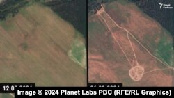 Спутниковый снимок со следами тяжелой техники, которая периодически по кругу описывает один и тот же маршрут, на поле между селами Озерщина и Унорица Речицкого района. Слева — 12 августа, справа — 24 августа 2024 года