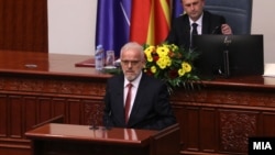 Talat Xhaferi, gjatë fjalimit në seancën ku u zgjodh Qeveria teknike e Maqedonisë së Veriut që ai do të udhëheqë. 28 janar 2024. 