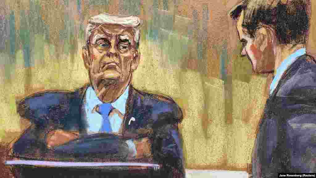 A tárgyalótermi vázlaton látható, ahogy Kevin Wallace, a New York-i főügyészi hivatal munkatársa kérdezi&nbsp;Donald Trump volt amerikai elnököt a Trump Organization polgári peres csalási perében.&nbsp;A volt elnök hétfőn három és fél órás tanúvallomása során tagadta Letitia James főügyész azon vádjait, hogy bankokat csapott be azzal, hogy eltúlozta vagyonát az üzletkötésekhez és hitelek biztosításához használt pénzügyi kimutatásokban