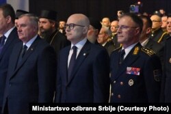 Ministar odbrane Srbije Miloš Vučević i načelnik Generalštaba Vojske Srbije Milan Mojsilović na svečanoj akademiji povodom neustavnog Dana Republike Srpske, Banjaluka, 8. januara 2024.