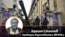 Колаж на автора на фона на снимка на танк на частната армия на Евгений Пригожин "Вагнер", спрел на входа на цирк в южния руски град Ростов на Дон.