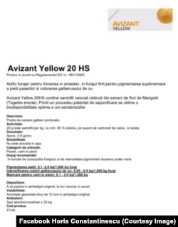 Aditiv prezentat de președintele ANPC, Horia Constantinescu, ca fiind folosit pentru colorarea cărnii de pui.