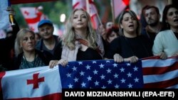 Кадър от протестите срещу закона за "чуждестранните агенти", 26 май 2024 г. 