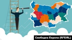 Картата на България в цветовете на политическите сили, чиито кандидати за кметове са най-търсени в Google. Илюстрация.