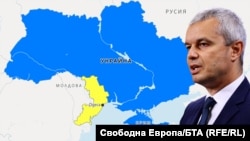 Колаж с образа на лидера на "Възраждане" Костадин Костадинов на фона на карта на Украйна. В жълто се вижда Одеска област, където ръководители на 16 населени места с българско население осъдиха призивите на Костадинов за автономия на българите в региона.