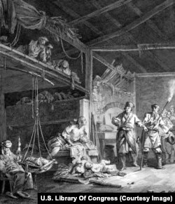 Grafika koji očigledno prikazuje D'Auterocha i njegovu pratnju na ulazu u rusko imanje.