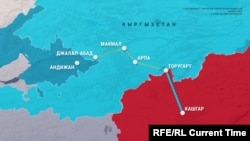 Маршрут будущей железной дороги Китай-Кыргызстан-Узбекистан.