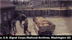 Американски войници и бивши затворници пред автомобил с тела в двора на крематориума в Бухенвалд, 18 април 1945 г.