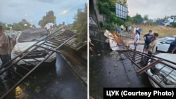 Оштетен автомобил од пад на ограда по невремето во Скопје.