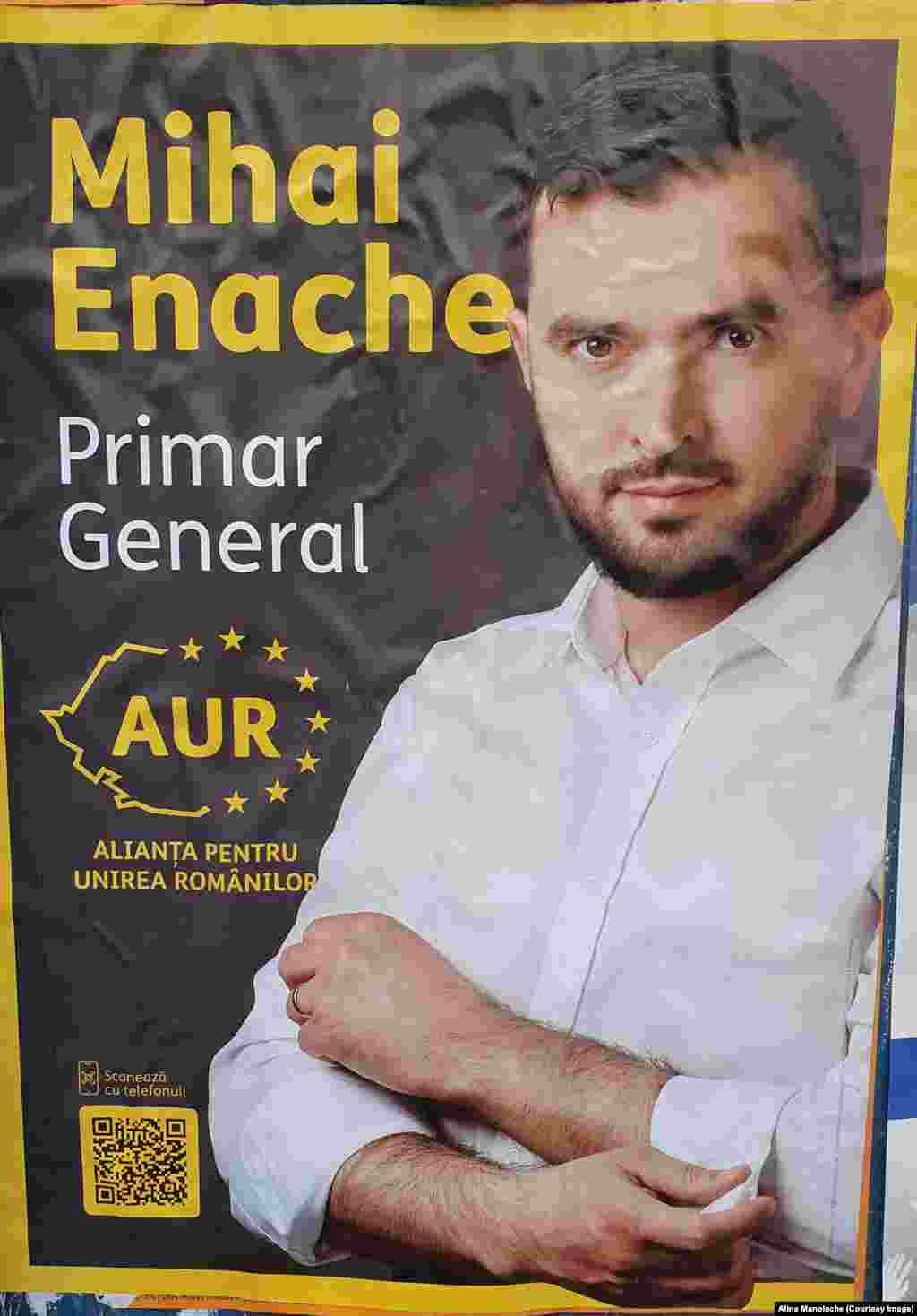Mihai Enache, candidat AUR la Primăria Capitalei, nu are un mesaj anume pentru electorat. Se prezintă simplu, cu numele și sigla partidului. Cine vrea să afle mai multe despre candidatul AUR trebuie să acceseze codul QR de pe afiș.&nbsp;