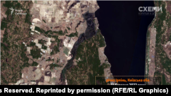 Наводнението, причинено от подкопаването на язовира, 15.03.22 г. Сателитна снимка на Planet Labs