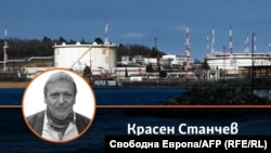 Колаж на Красен Станчев и нефтеното пристанище "Росенец"