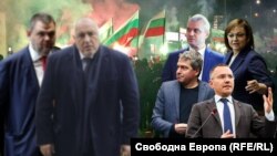 Делян Пеевски, Бойко Борисов, Тошко Йорданов, Костадин Костадинов, Корнелия Нинова и Ангел Джамбазки на фона на протеста срещу бежанския център в столичния квартал "Овча купел" от 12 март 2024 г. Колаж.