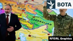 Fotografi e kombinuar e Nikol Pashinyan dhe Ilham Aliyev, teksa prapa shihet harta ku gjendet Korridori i Zangezurit.