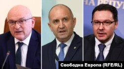 Служебният премиер Димитър Главчев, президентът Румен Радев и Даниел Митов от ГЕРБ (отляво надясно)