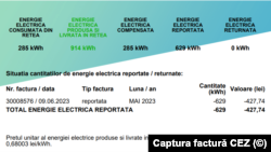 Factura de bilanț primită după prima lună de prosumator. Sunt menționate energia consumată din rețea, energia produsă și livrată, energia compensată, cea raportată și cea returnată.