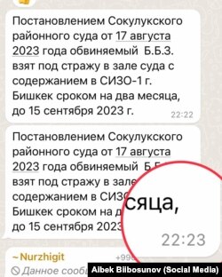 Скриншот из переписки с Чуйским областным судом в WhatsApp.