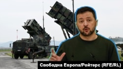Volodimir Zelenszkij ukrán elnök a légvédelmi képességek megerősítését sürgette az EU-csúcson. A képen egy montázs, az ukrán elnök háta mögött Patriot légvédelmi rendszer