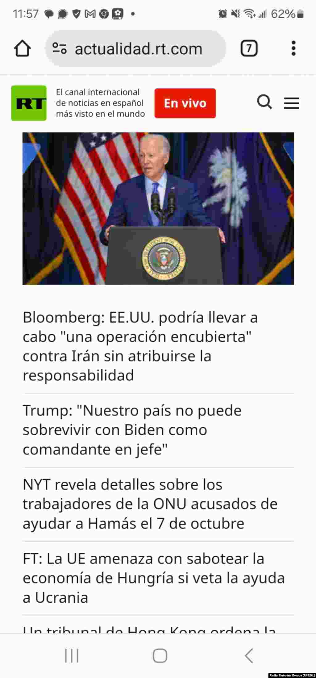 Sajt Russia Today (RT) na španskom jeziku, otvoren na kompjuteru u Briselu, 29. januara 2024.