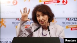 Kandidatkinja VMRO-DPMNE Gordana Siljanovska-Davkova u izbornom štabu posle objave prvih rezultata prvog kruga predsedničkih izbora u Severnoj Makedoniji, 24. april 2024.