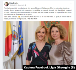 Și Ligia Gheorghe îi face declarații prietenei sale, Ligia Gheorghe, pe pagina sa de Facebook.