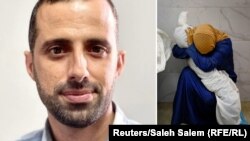Колаж с фотографа Мохамед Салем до кадъра му с жена, която държи мъртвата си племенница в Хан Юнис, определен за "Снимка на годината" за 2023 г. от World Press Photo.