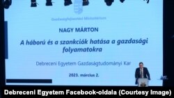 Nagy Márton gazdaságfejlesztési miniszter előadása a Debreceni Egyetem egyik épületében 2023. március 3-án