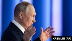 Presidenti rus, Vladimir Putin, gjatë fjalimit drejtuar kombit. Moskë, 21 shkurt 2023.