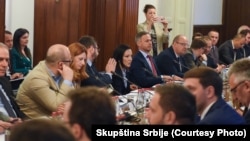 Predstavnici opozicione koalicije Srbija protiv nasilja na sastanku u Skupštini Srbije sa predsednicom parlamenta Anom Brnabić o unapređenju izbornog procesa, Beograd, 17. april 2024.