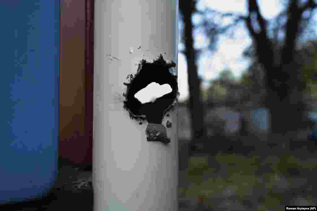 A rocket fragment punctured a steel pipe near a children&#39;s playground in Kyiv.