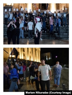 გრიგოლ ფრანგიშვილი 2 ივნისის აქციის ღამეს პარლამენტის შენობასთან მაისურით, რომელიც პოლიციამ უხამსობად მიიჩნია.