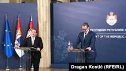 Komisionari i Bashkimit Evropian për Fqinjësi dhe Zgjerim, Oliver Varhelyi në konferencë për media me presidentin e Serbisë, Aleksandar Vuçiq në Beograd.