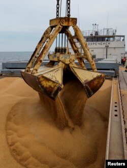 Пшеницу загружают на судно в оккупированном Мариуполе перед его отправкой в российский город Ростов-на-Дону, 25 октября 2023 года