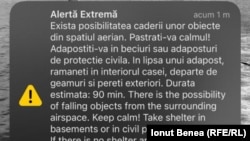 Mesaj Ro-Alert primit de un locuitor din județul Vaslui, în noaptea de 29 spre 30 septembrie.