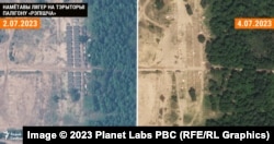 Desființarea taberei de corturi de pe teritoriul terenului de antrenament Repishcha. În stânga este o fotografie făcută pe 2 iulie; în dreapta, pe 4 iulie.