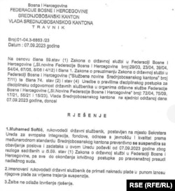 Rješenje Vlade Srednjobosanskog kantona o suspenziji Muhameda Softića s pozicije sekretara Ureda za evropske integracije, 9. septembar 2023.