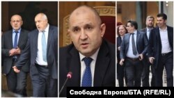 Отляво надясно: Томислав Дончев и Бойко Борисов от ГЕРБ, президентът Румен Радев, Надежда Йорданова, Асен Василев, Христо Иванов и Кирил Петков от ПП-ДБ. Колаж.