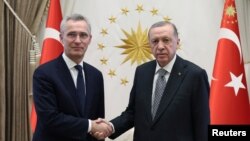 Președintele turc Tayyip Erdoğan (dreapta) și secretarul general al NATO, Jens Stoltenberg, la Ankara, 16 februarie. 