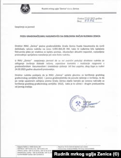 Pismo direktora rudnika u Zenici Mensura Hukića gradonačelniku Zenice Fuadu Kasumoviću